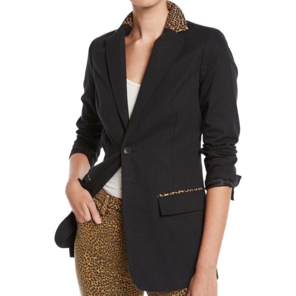 Current Elliott Calla Tailored Black Blazer Leopard Print Size 2